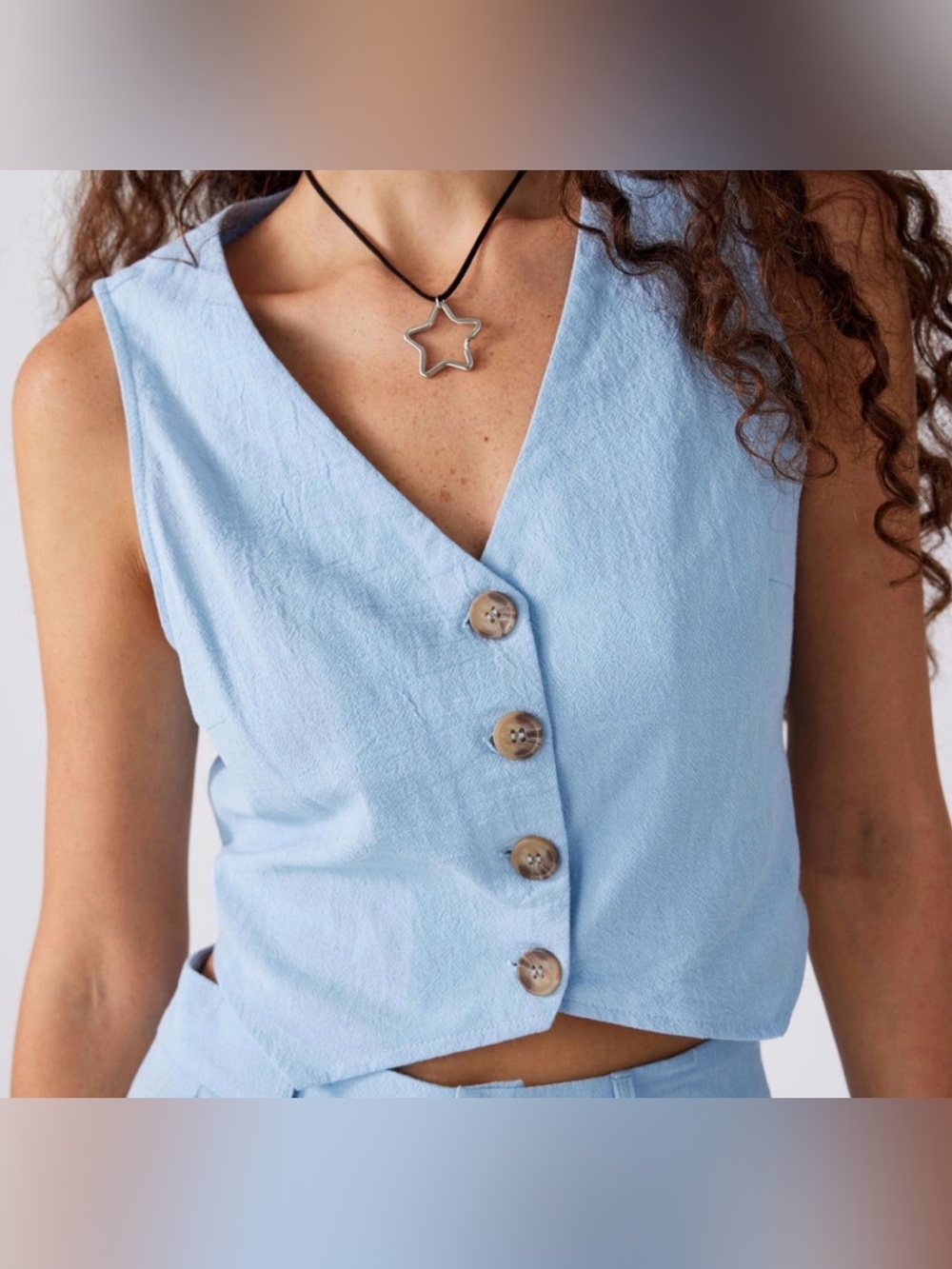 Cider Light Blue V-Neck Button Crop Top
